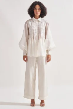 Amrich White Hand Embellished Bishop Sleeve Top