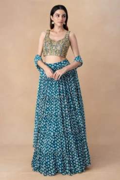 Arpita Mehta Teal Mirror Embellished Tiered Lehenga Set