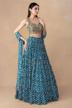 Arpita Mehta Teal Mirror Embellished Tiered Lehenga Set -Cheap Wovencia Store 101123am19 3