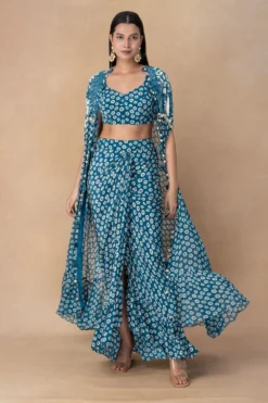 Arpita Mehta Teal Blue Mirror Work Cape Set