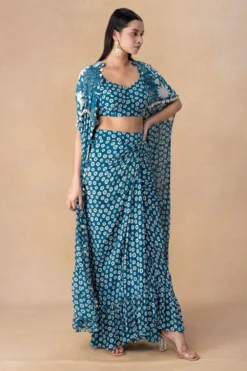 Arpita Mehta Teal Blue Mirror Work Cape Set -Cheap Wovencia Store 101123am27 3