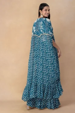 Arpita Mehta Teal Blue Mirror Work Cape Set -Cheap Wovencia Store 101123am27 5