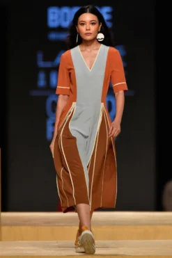 Bodice Colour Blocked Silk Crepe Dress