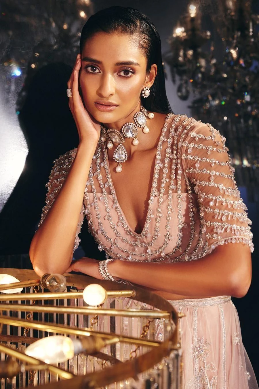 Ridhi Mehra Beige & Pink Embellished Lehenga Set 3 Ridhi Mehra Beige & Pink Embellished Lehenga Set - Image 3