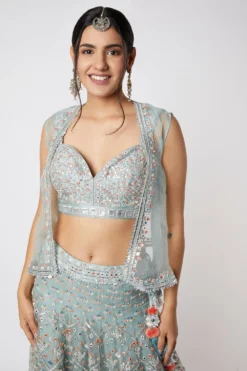 Gopi Vaid Ice Blue Embellished Lehenga Set With Short Jacket -Cheap Wovencia Store 115gv7 2