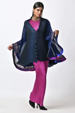 Kiran Uttam Ghosh Navy Pleated Wrap With Bell Sleeves