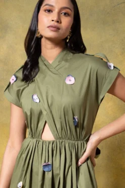 GRAINE Olive Green Cutout Dress -Cheap Wovencia Store 1304gra01 4