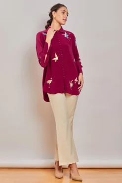 PATINE Wine Crane Motifs Parsi Gara Embroidered Shirt