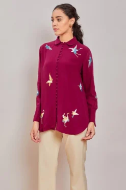 PATINE Wine Crane Motifs Parsi Gara Embroidered Shirt -Cheap Wovencia Store 15739 3