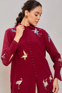 PATINE Wine Crane Motifs Parsi Gara Embroidered Shirt -Cheap Wovencia Store 15739 4