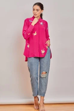 PATINE Pink Crane Motifs Parsi Gara Embroidered Shirt
