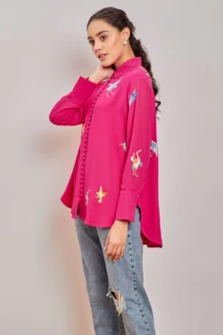 PATINE Pink Crane Motifs Parsi Gara Embroidered Shirt -Cheap Wovencia Store 15894 3