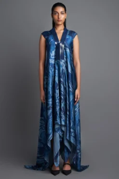 Amit Aggarwal Metallic Draped Aqua Dress