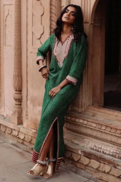 Avacara Green Handblock Printed Kaftan Dress