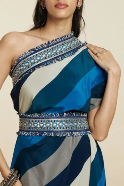 SVA Blue-Hued Stripe Print One-Shoulder Cowl Dress -Cheap Wovencia Store 181123sva90 6