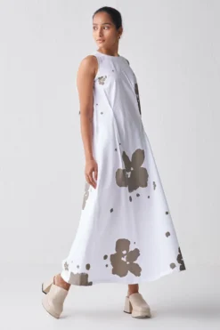 Three White & Grey Sleeveless Asymmetric Dress