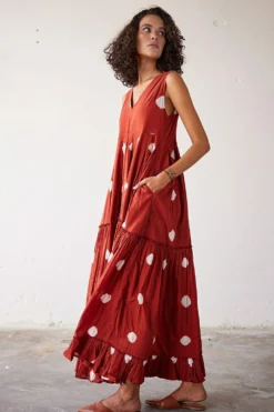 Khara Kapas Brick Red Tie Dyed Maxi Dress -Cheap Wovencia Store 19923kk44 3