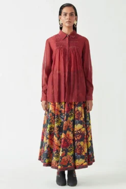 Payal Pratap Maroon Printed Shirt With Smocking Details