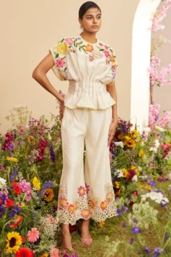 Chandrima Ivory Floral Applique Pants