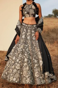 Mishru Black Floral Embellished Lehenga Set