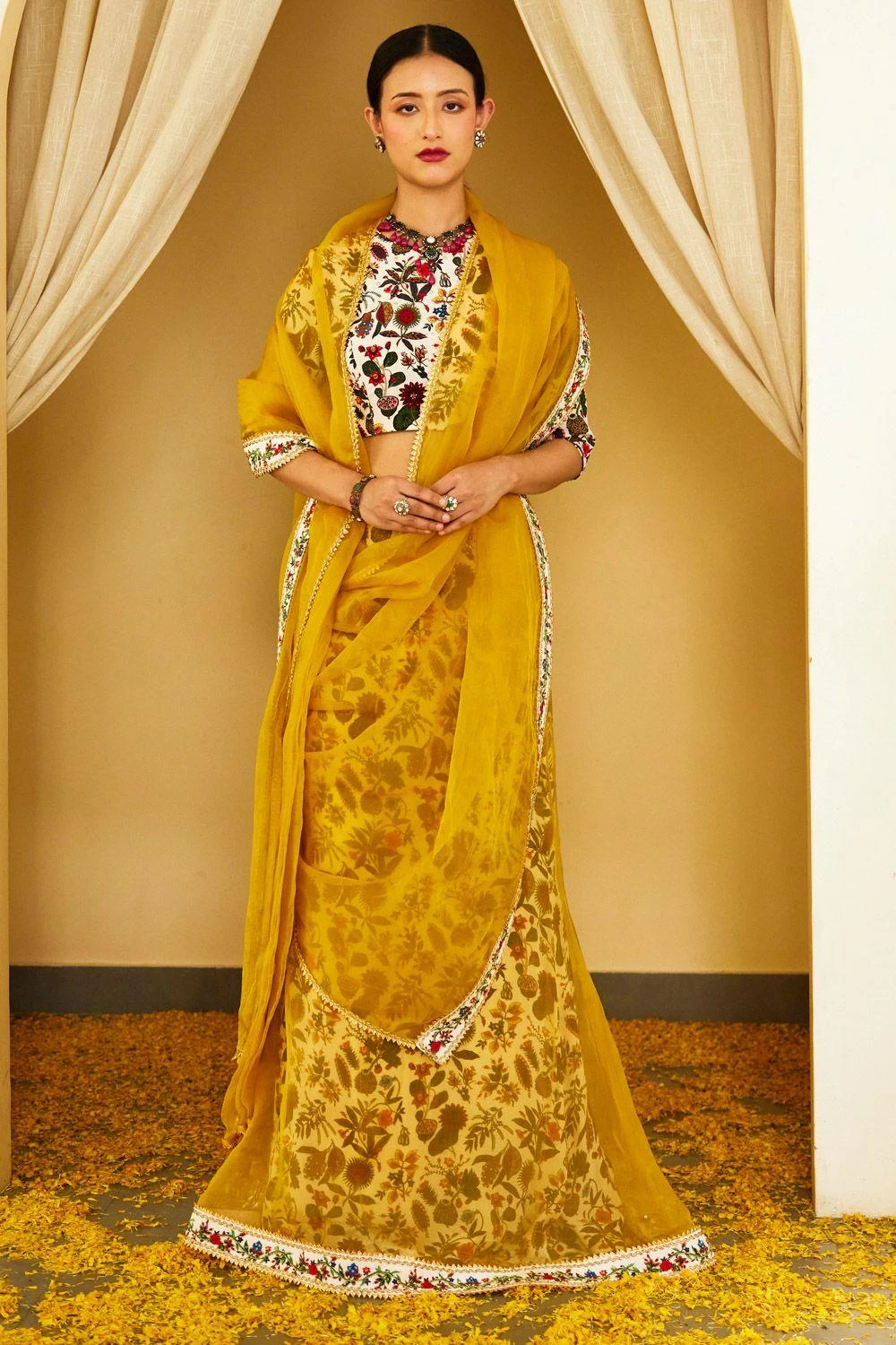 Nikasha Ochre Pure Organza Double Layer Lehenga Set 1 Nikasha Ochre Pure Organza Double Layer Lehenga Set