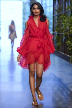 Gauri & Nainika Red Cold Shoulder Ruffled Dress -Cheap Wovencia Store 2311gn2 2