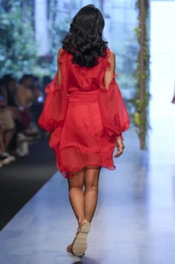 Gauri & Nainika Red Cold Shoulder Ruffled Dress -Cheap Wovencia Store 2311gn2 3