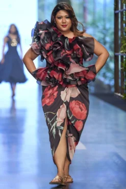 Gauri & Nainika Pink & Red Floating Peony One Shoulder Dress -Cheap Wovencia Store 2311gn24 3