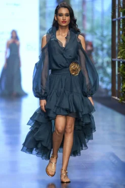 Gauri & Nainika Bottle Green Cold Shoulder Dress