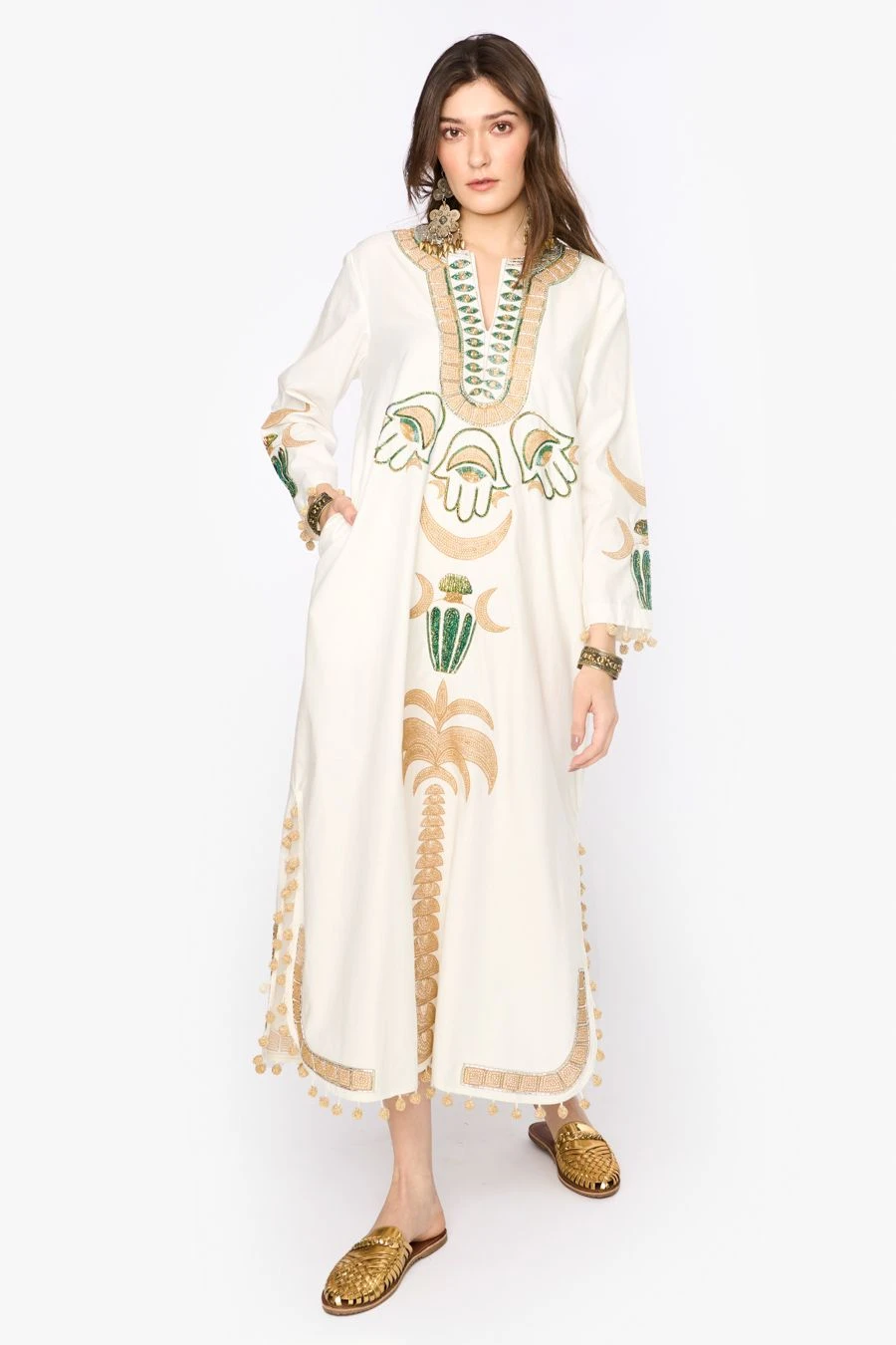 Heirloom By Rara Avis Off White Hamsa Embroidered Column Dress 1 Heirloom By Rara Avis Off White Hamsa Embroidered Column Dress