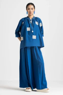 Three Electric Blue Wave Embroidered Top