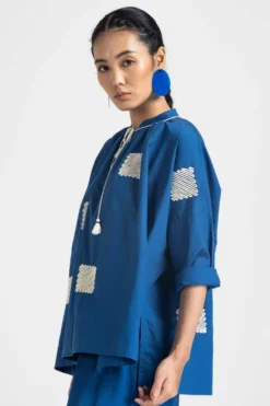 Three Electric Blue Wave Embroidered Top -Cheap Wovencia Store 251023tw35 3