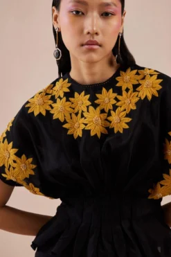 Chandrima Black Sunflower Applique Pleated Top -Cheap Wovencia Store 2811cha31 3