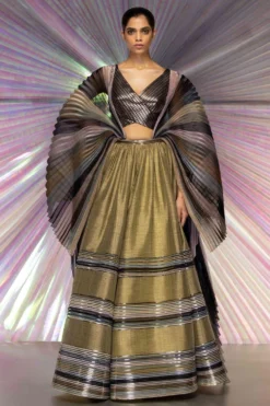 Amit Aggarwal Olive Lehenga With Moulded Blouse & Plisse Drape