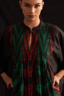 Amrich Eden Red & Green Silk Woven Pleated Kaftan Dress -Cheap Wovencia Store 41123am24 5