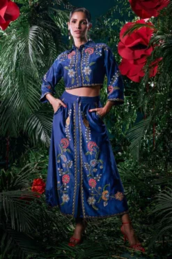 Chandrima Indigo Floral Embroidered Crop Shirt