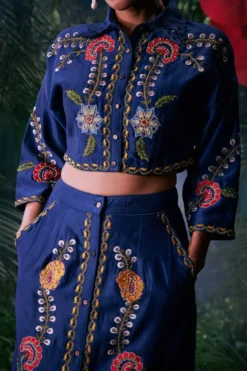 Chandrima Indigo Floral Embroidered Crop Shirt -Cheap Wovencia Store 41123cm13 3