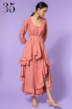 Aikeyah Pink Layered Dress With Belt