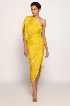 Saaksha & Kinni Yellow Bandhani Printed Micro Pleated Dress