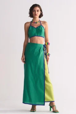 Ikai Lime Green Colour Block Wrap Skirt