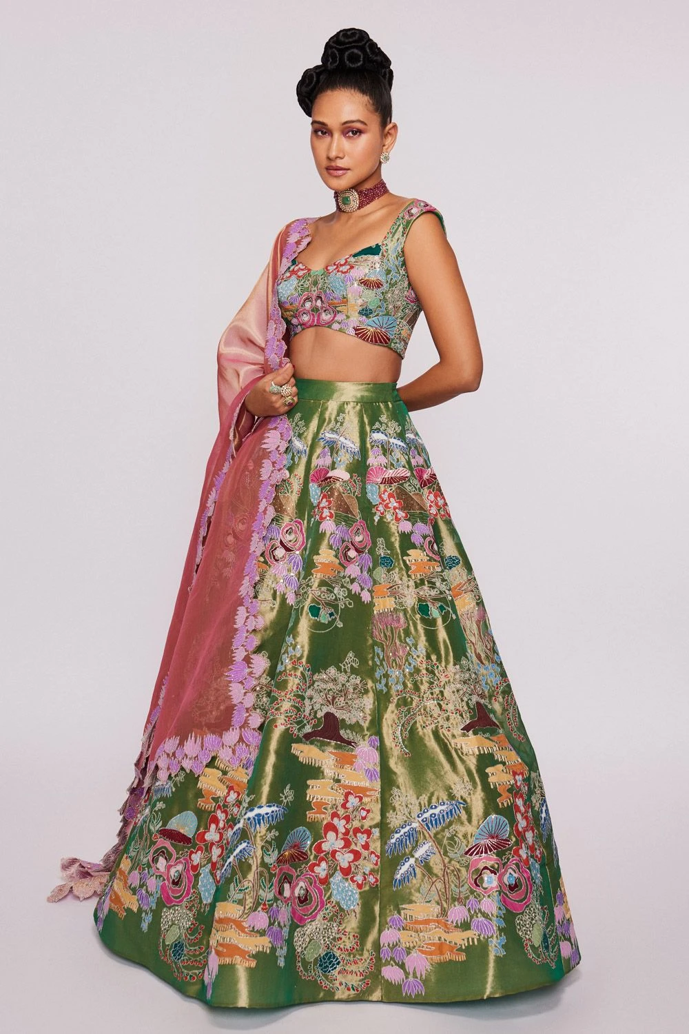 Aisha Rao Green Tissue Appliqued & Embellished Lehenga Set 2 Aisha Rao Green Tissue Appliqued & Embellished Lehenga Set - Image 2