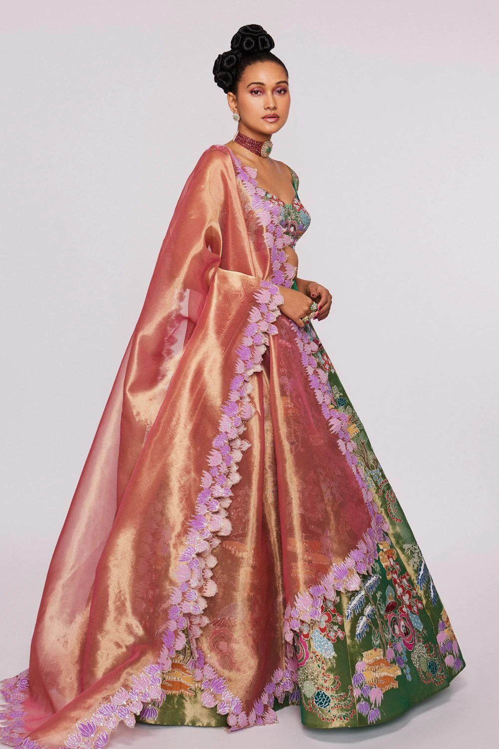 Aisha Rao Green Tissue Appliqued & Embellished Lehenga Set 3 Aisha Rao Green Tissue Appliqued & Embellished Lehenga Set - Image 3