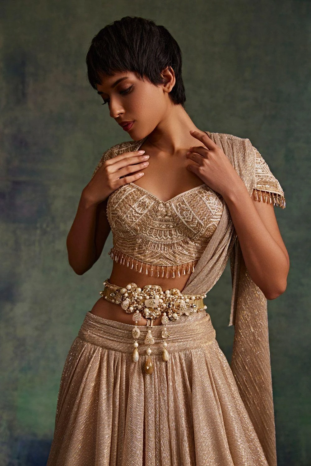 Tarun Tahiliani Accessories Ivory & Gold Jewelled Belt 1 Tarun Tahiliani Accessories Ivory & Gold Jewelled Belt