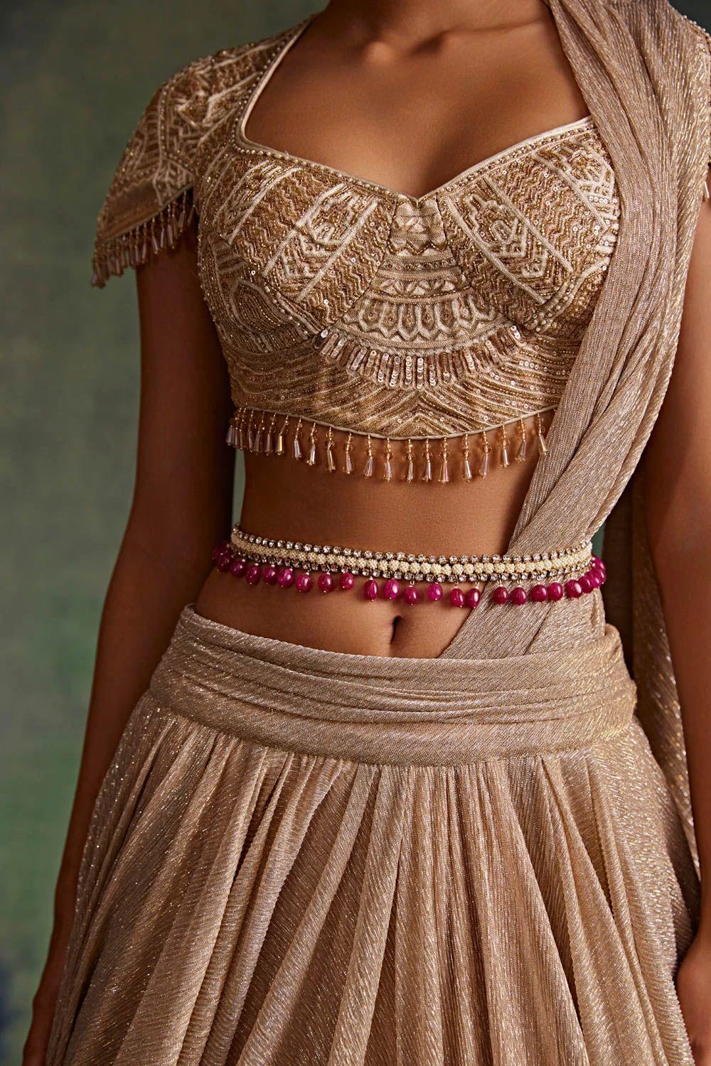 Tarun Tahiliani Accessories Ivory & Wine Embellished Belt 2 Tarun Tahiliani Accessories Ivory & Wine Embellished Belt - Image 2