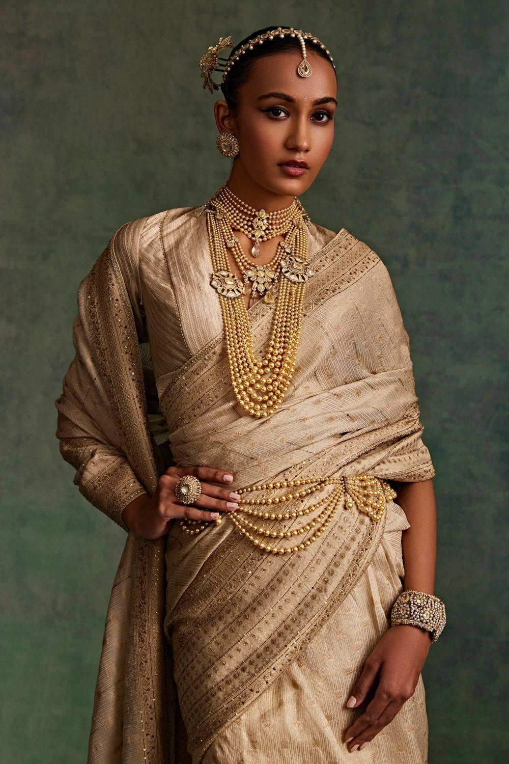 Tarun Tahiliani Accessories Gold Layered & Graded Swarowaski Pearl Drape Belt 1 Tarun Tahiliani Accessories Gold Layered & Graded Swarowaski Pearl Drape Belt