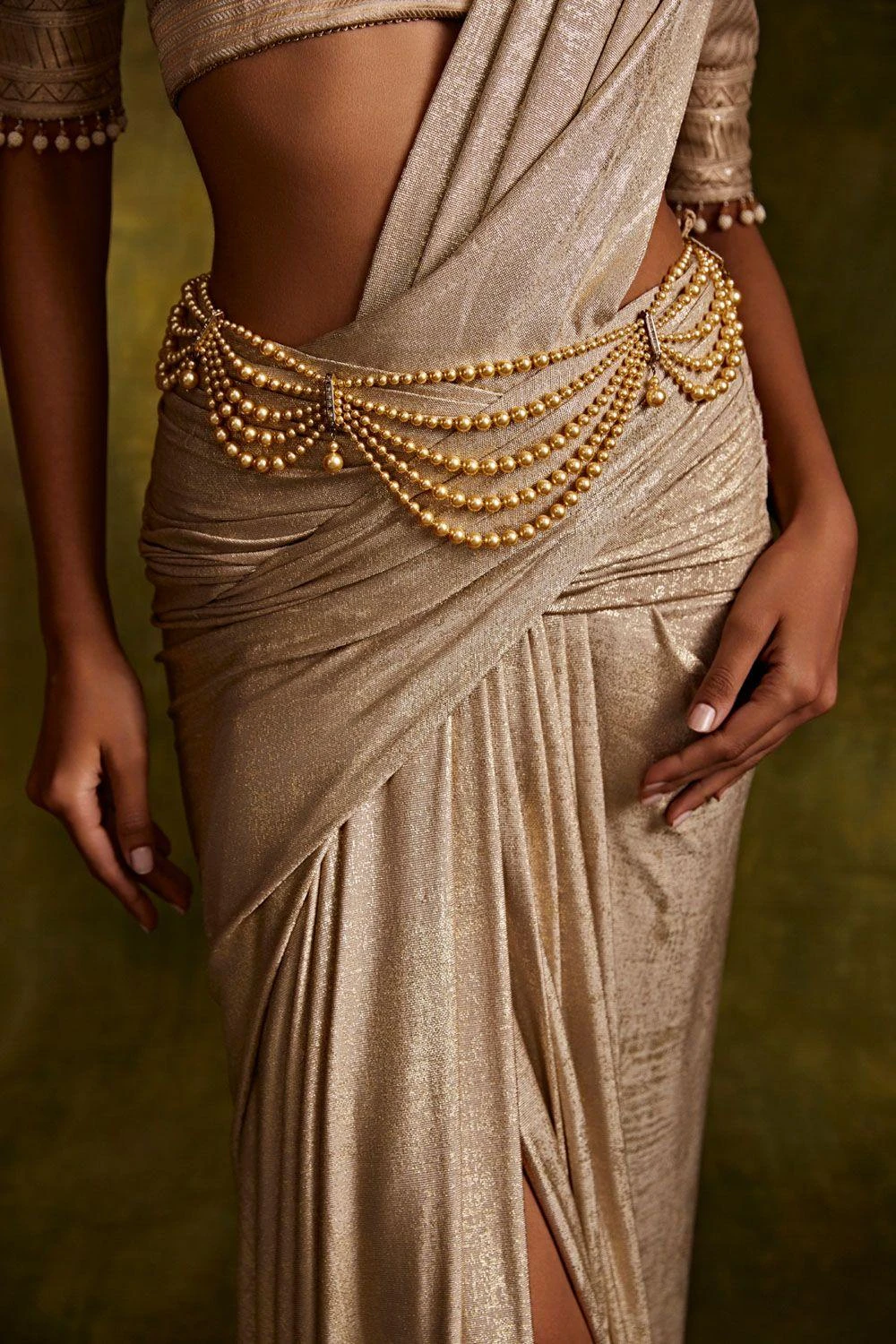 Tarun Tahiliani Accessories Gold Layered & Graded Swarowaski Pearl Drape Belt 2 Tarun Tahiliani Accessories Gold Layered & Graded Swarowaski Pearl Drape Belt - Image 2