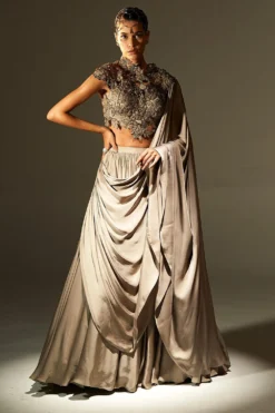Agunj Gunmetal Floral Applique Draped Lehenga Set
