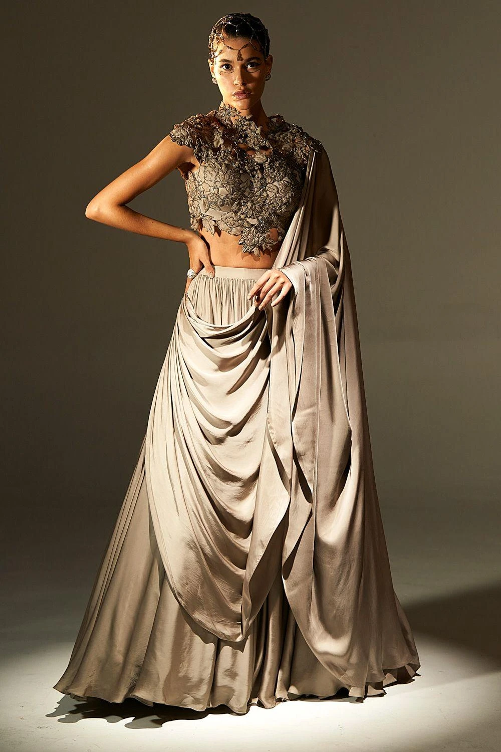 Agunj Gunmetal Floral Applique Draped Lehenga Set 1 Agunj Gunmetal Floral Applique Draped Lehenga Set