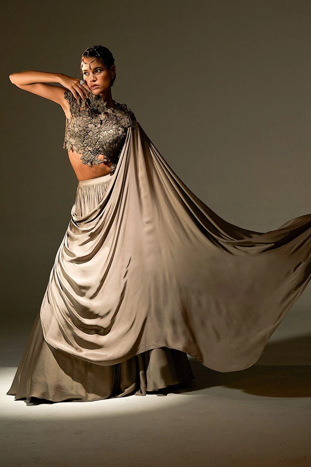 Agunj Gunmetal Floral Applique Draped Lehenga Set 2 Agunj Gunmetal Floral Applique Draped Lehenga Set - Image 2