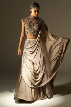 Agunj Gunmetal Floral Applique Draped Lehenga Set 8 Agunj Gunmetal Floral Applique Draped Lehenga Set -Cheap Wovencia Store 7723aj3 3